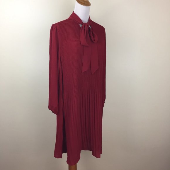 NWT NANETTE LEPORE Heritage Red Pleats Tie Collar Long Sleeve Dress - Picture 1 of 8